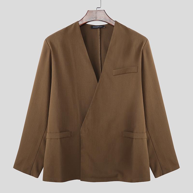 INCERUN Мужские блейзеры без воротника с длинным рукавом на одной пуговице свободного кроя