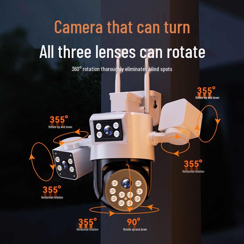 4G Rotating Surveillance Camera with Three Lenses, 360° Panoramic View, No Recharge Needed, Waterproof & Remote Access