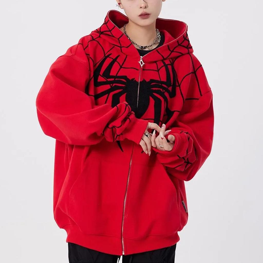 Готическая темная куртка с капюшоном и принтом паука, свободная мужская и женская куртка-свитер с полной цепочкой