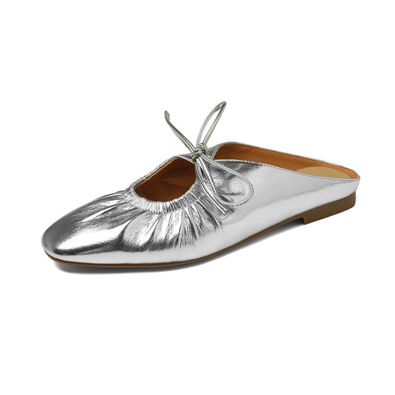 Французские плиссированные полутапочки Baotou на шнуровке, женские серебристые туфли Мэри Джейн, элегантные и просторные, нежные классические женские туфли