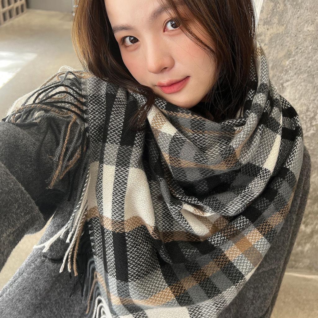 2024 Осень/Зима Новый Шарф с Кисточками Женский Универсальный Клетчатый Утолщенный Студенческий Парный Шарф Имитация Кашемира Теплая Шаль