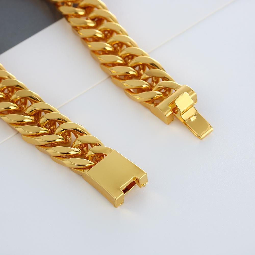 12mm Width Gold Color Luxury Stainless Steel Link Chain Cuban Bracelet Hip Hop