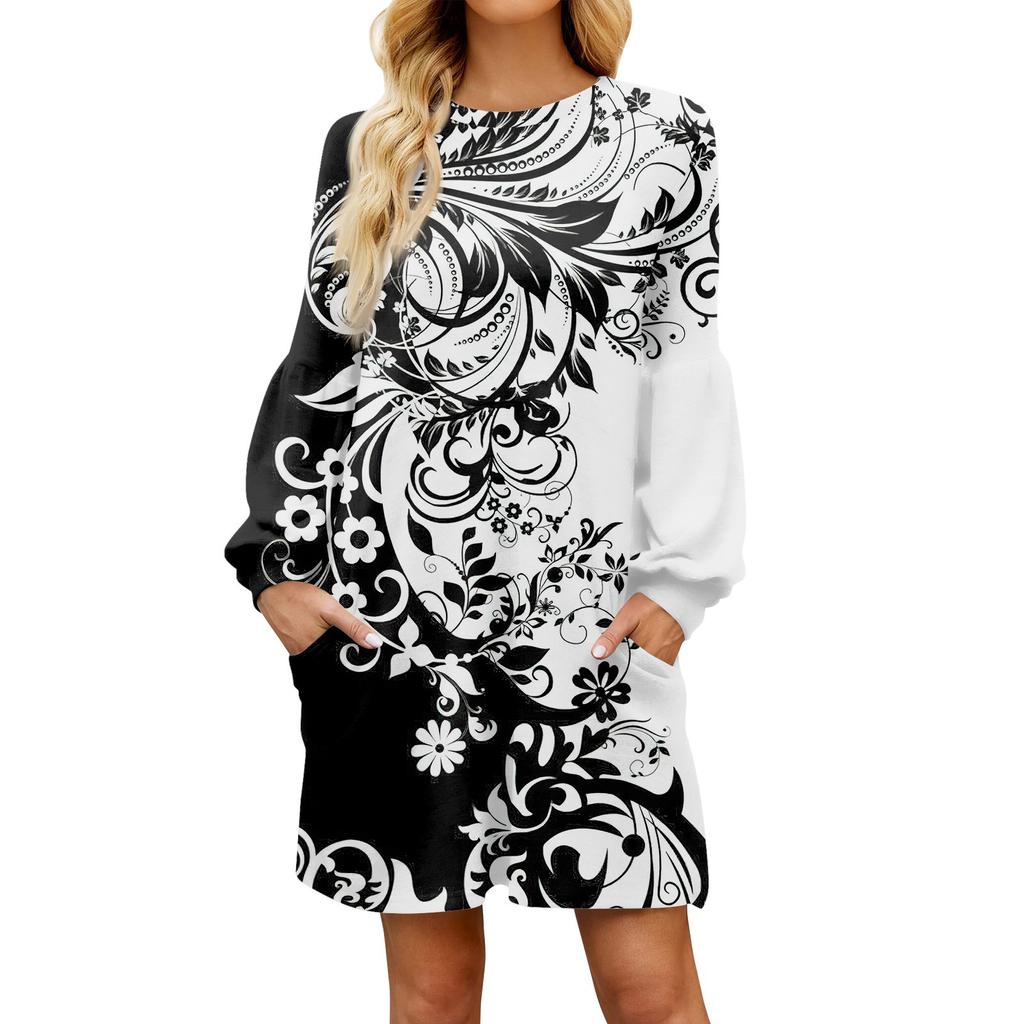 Модное женское осеннее повседневное свободное платье с цветочным принтом и длинным рукавом