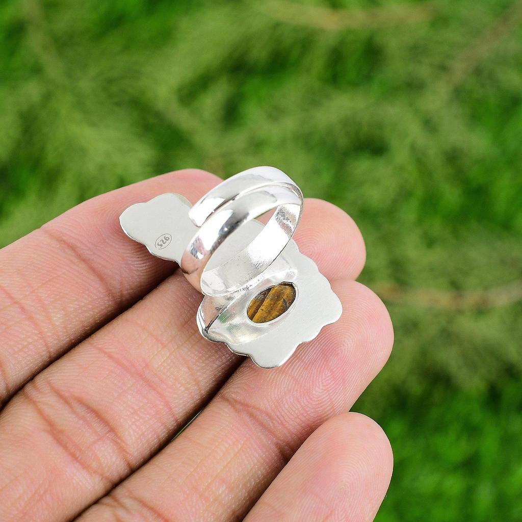Gift For Women Multi Stone Flower Adjustable Ring 925 Silver Natural TigerS Eye