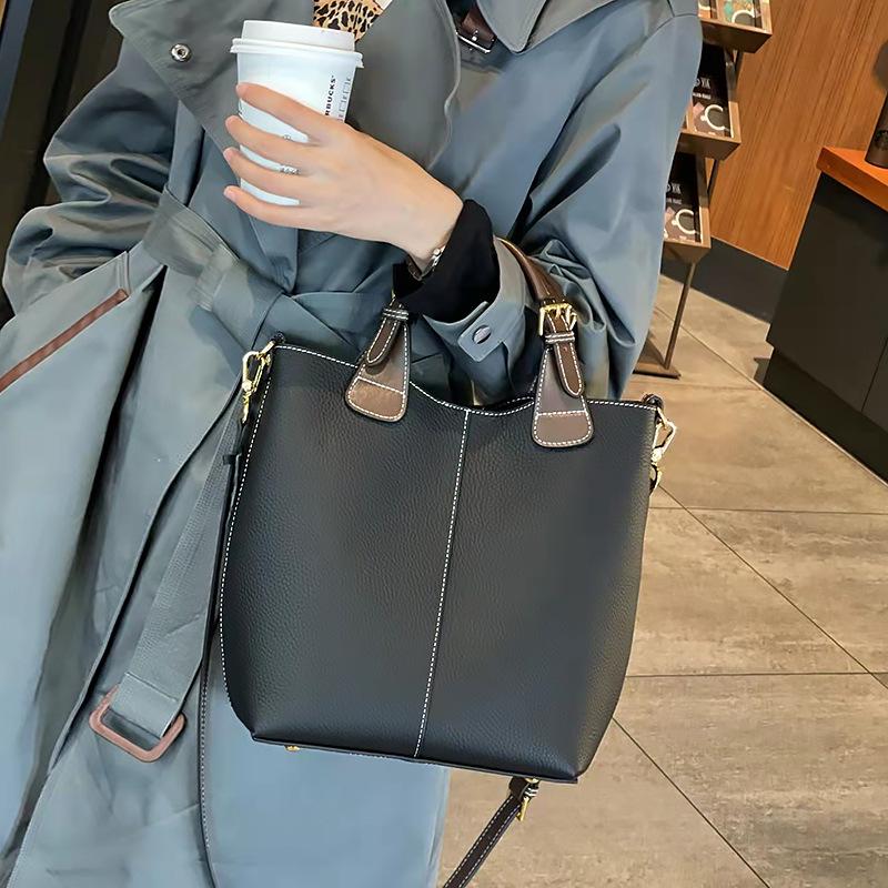 2023 Women's Genuine Leather Bucket Bag - Trendy Large-Capacity One-Shoulder Tote & Commuter Handbag