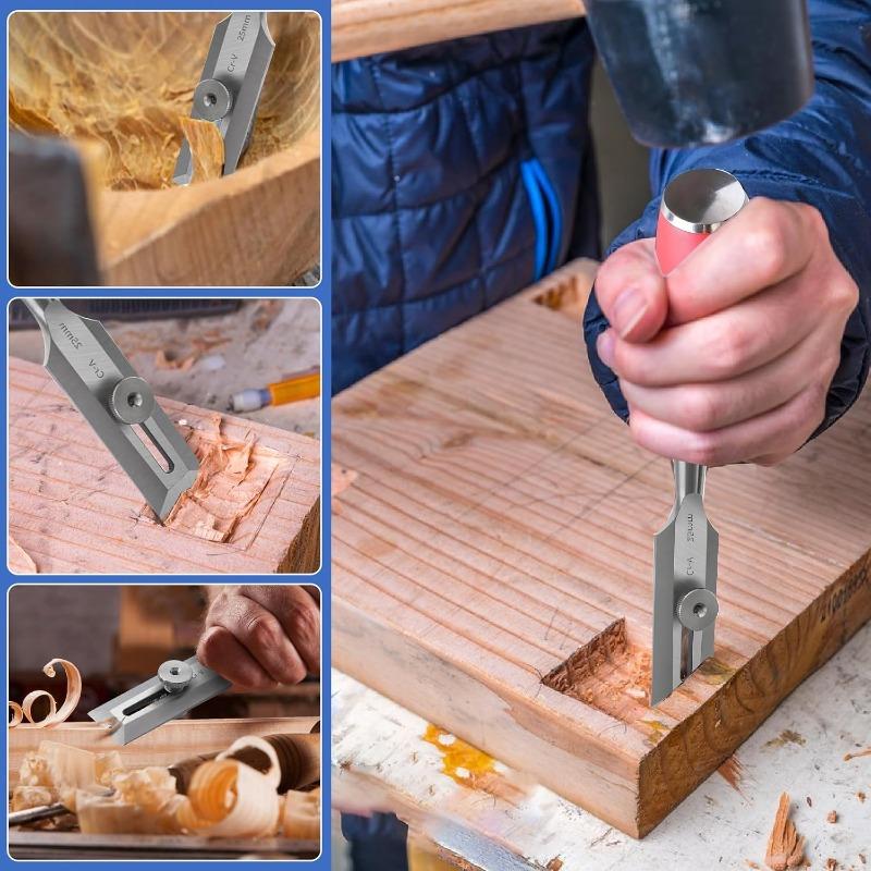 Set of adjustable and portable right angle wood shears for cutting square mortars, grooving (right angle burin)