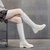Туфли на среднем каблуке для женщин Эластичный круглый носок Женские ботинки Обувь Длинные Новые Рок Зимние До колена Голенище Качество Новинка