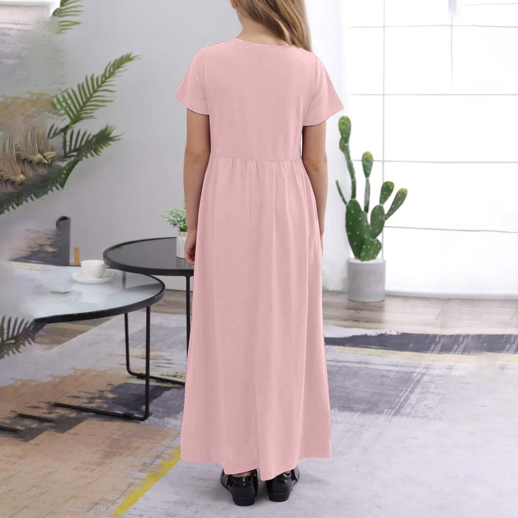 Летнее платье для девочек с круглым вырезом, короткими рукавами и карманами, длинной юбкой