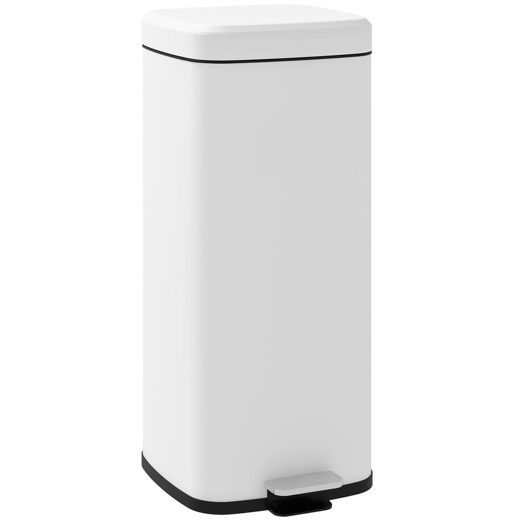 Trash Can 30L, Soft-Close Lid, Fingerprint-Proof, Foot Pedal, Metal/Plastic, 28x35x63.5 cm, White