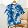 Blue White Tie Dye Basic Crew Neck Short Sleeve Top Soft Cotton Loose Fit, Casual Daily Wear for Short Trips