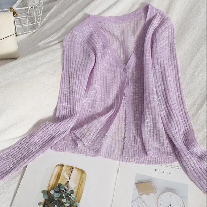 Тонкий вязаный кардиган с v-образным вырезом, милое милое женское пальто с длинным рукавом, укороченный топ с одной пряжкой, новая мода, однотонный, простой, повседневный, солнцезащитный кардиган