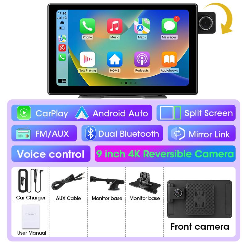 9-дюймовый 4K видеорегистратор автомобильный видеорегистратор беспроводной Carplay Android Auto вращающийся объектив видеорегистратор приборная панель двойной объектив 1080P камера заднего вида