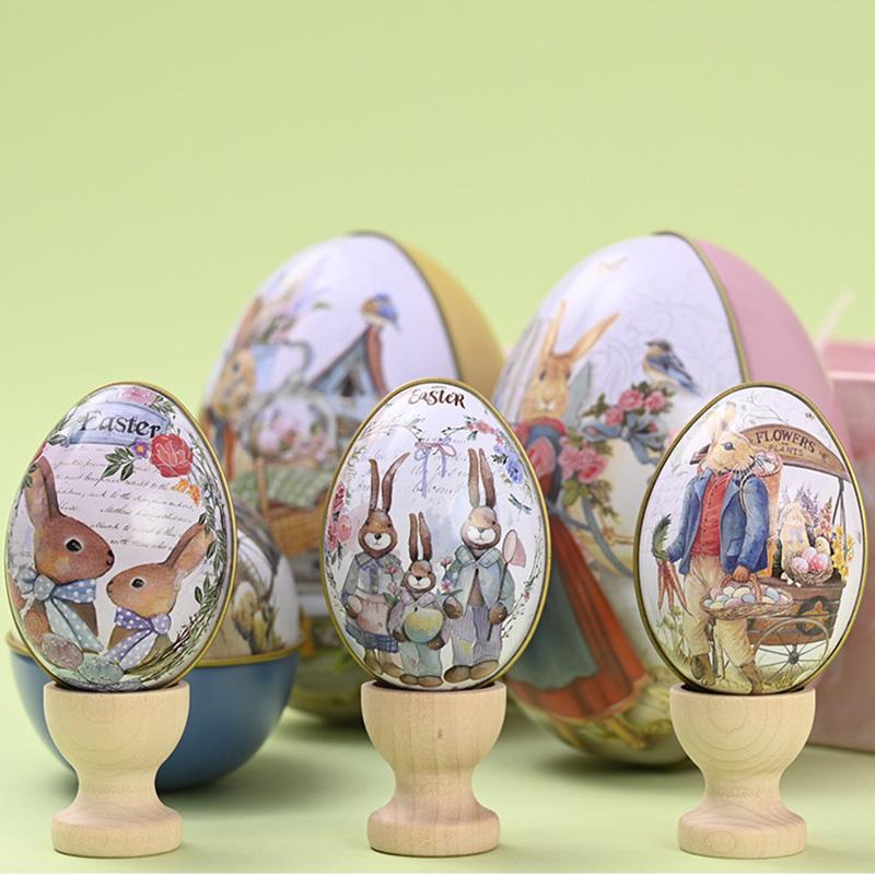 1 шт. Подарочная коробка из жести в форме яйца с изображением пасхального кролика, металлическая коробка для хранения, креативные принадлежности для вечеринок