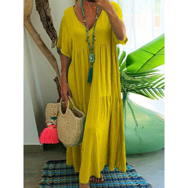 Summer Fashion New Women's Long Dress V- Neck Irregular Cotton Blended Elegant Large Size Casual Long Swing Vintage Dress