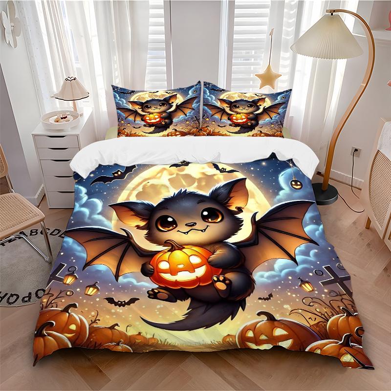 3pcs Cute Bat Halloween Print Bedding Set Soft and Comfortable, Suitable for Use in Bedrooms and Guest Rooms.N024
