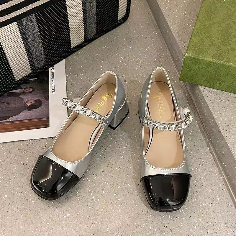 2024 summer new round head Mary Jane thick heel single shoes women's fashion temperament versatile bag head with pearl color matching