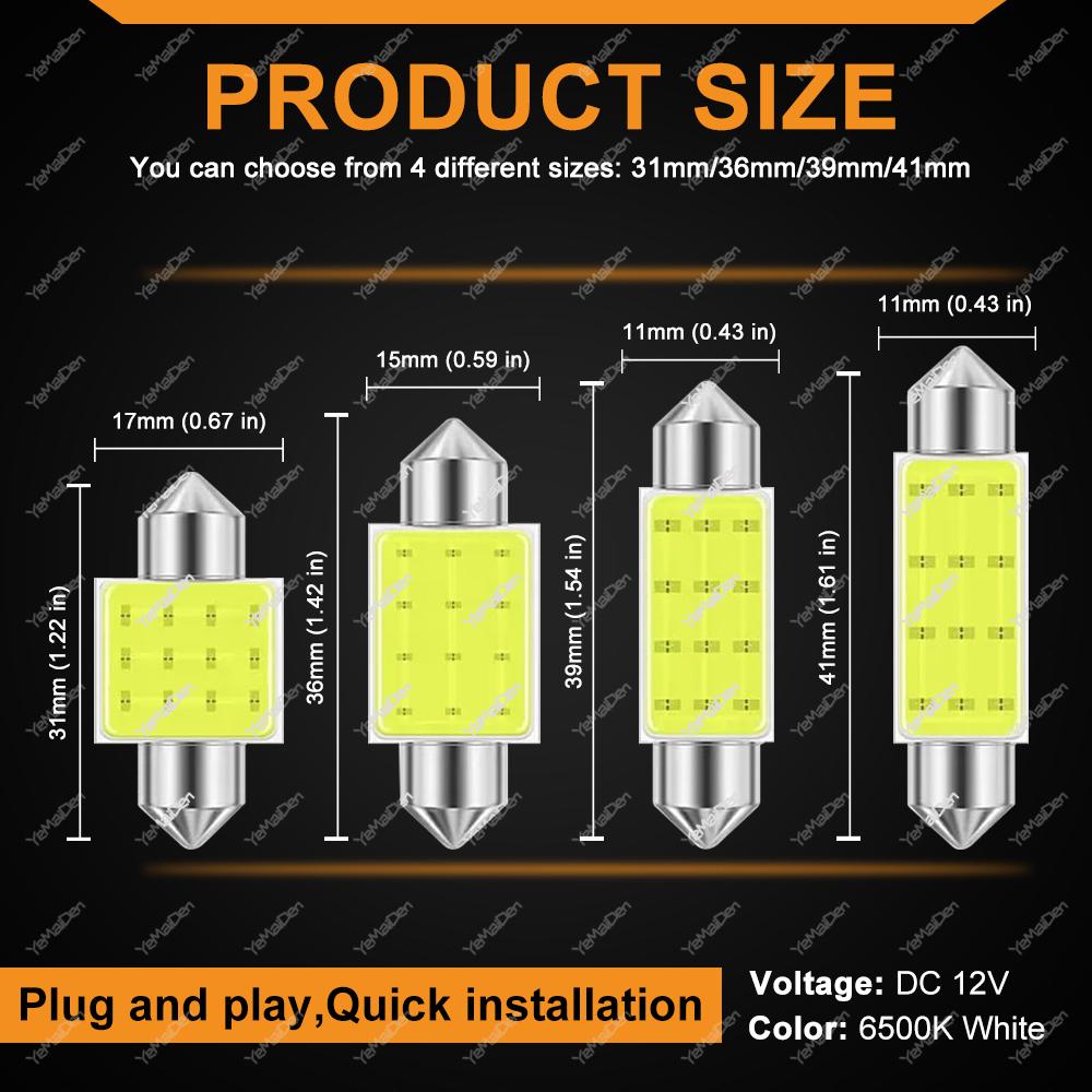 10/20/50 PCS C5W LED Bulbs Festoon 31mm 36mm 39mm 41mm COB 12V 7000K White Car Interior Dome Reading Trunk License Plate Lights Bulbs 7