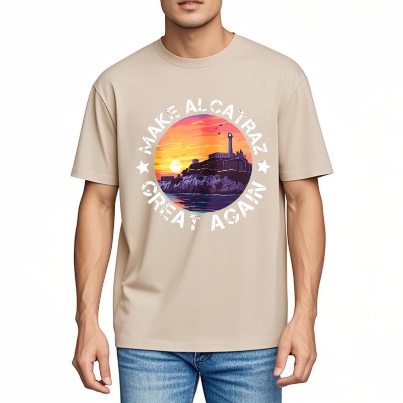 Casual Summer Women T Shirt Make Alcatraz Great Again Sunset Island Scene Short Sleeve Printed Crew Neck Tops Teeshirt For Man