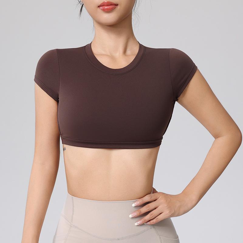 Wangtu Women's Short Sleeve Yoga Crop Top with Chest Pad for Exercise and Fitness