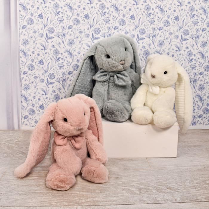 Peluche - HISTOIRE D'OURS - Lapin Preppy Chic - 40CM - Gris - Doux et moelleux