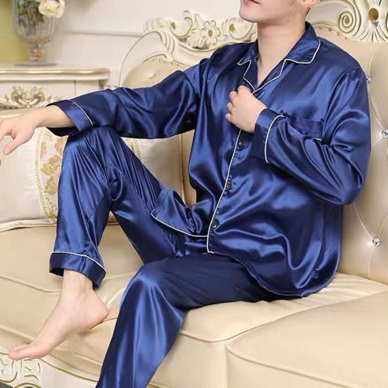 2 Pcs/Set Men Pajamas Set Satin Lapel Long Sleeve Single-breasted Patch Pocket Elastic Waist Soft Wide Leg Men Homewear Shirt Pants Set Fall