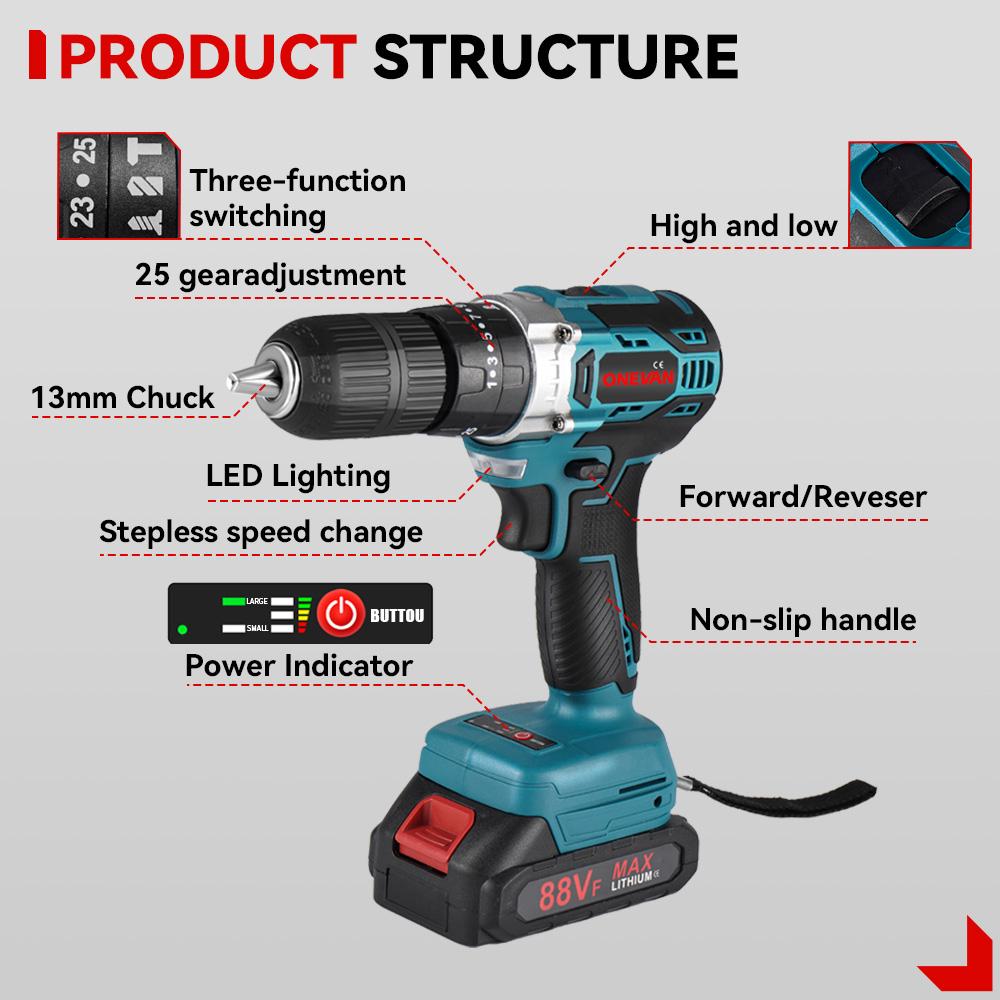 ONEVAN 1000 Вт бесщеточная электрическая ударная дрель 450 Нм 25+3 крутящий момент 3 в 1 электрическая беспроводная отвертка инструмент для Makita 18v аккумулятор