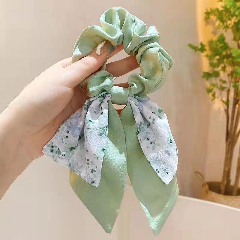 Korea Floral Bow Scrunchies For Women Satin Long Ribbon Ponytail Scarf Girls Hair Bobbles Print Elastic Hair Bands Accessories