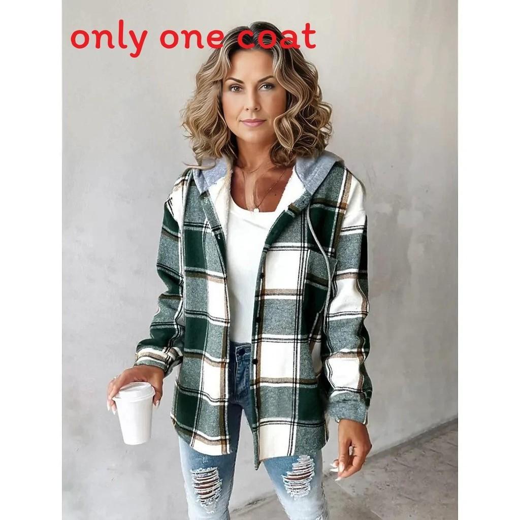 Womens Plaid Check Pattern Blend Coat With Hood For Casual Office Wear Spring
