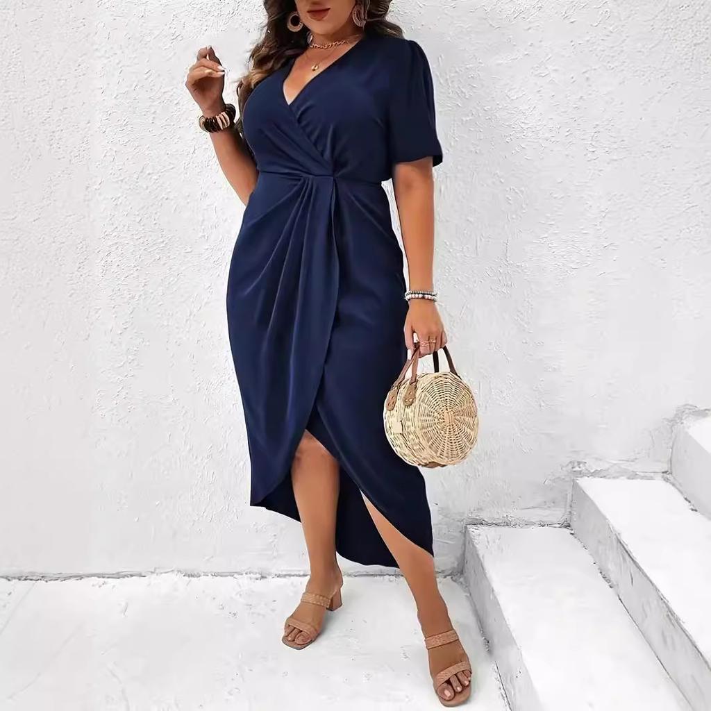 Глубокий V-образный вырез, сексуальное платье большого размера, приталенная мода, короткий рукав, вечернее платье