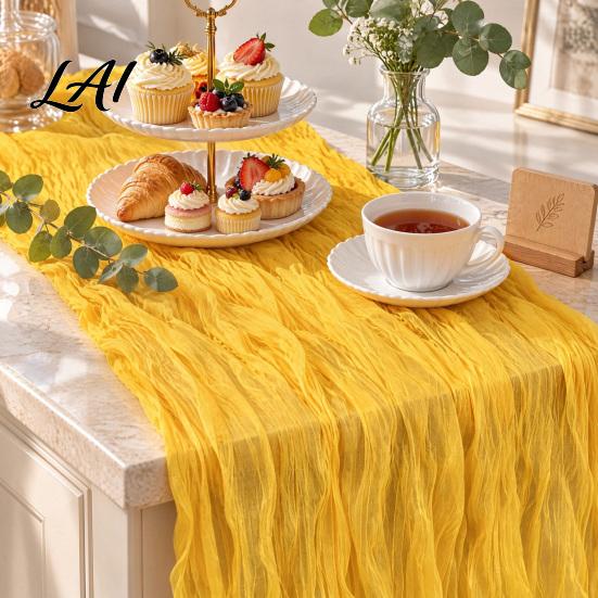 Romantic Mesh Table Cloth for Events Cheesecloth Runner 10FT Gauze Fabric Rustic Boho Wrinkled Soft Polyester Runner Sheer Wedding Party Bridal