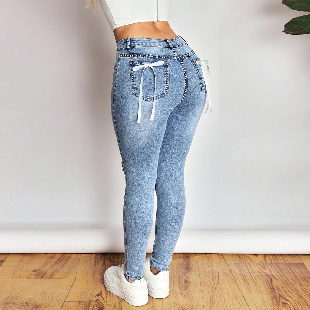 Women's Fashionable Casual Micro Flared With Frayed Edges And Double Button Jeans