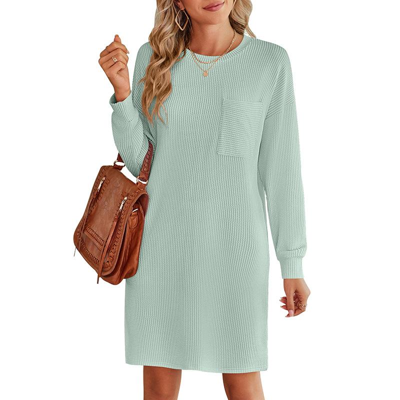 Весенне-осеннее женское повседневное платье в полоску с круглым вырезом и длинными рукавами с карманами