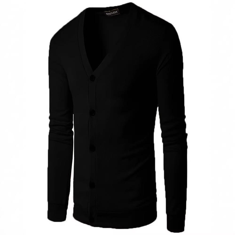 Мужской вязаный кардиган с V-образным вырезом - Повседневный однотонный свитер с длинным рукавом для весны и осени