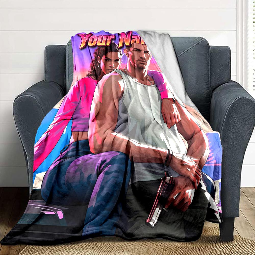 1pc Personalized Name GTA Blanket, Gift, for Men and Women, Soft Blanket, Good for Sofa Bed Couch Travel, Lightweight Flannel Blanket