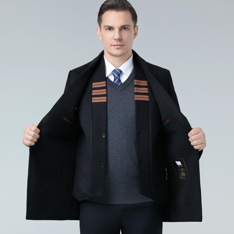 Двустороннее кашемировое пальто для мужчин, шерстяная ветровка средней длины из двух частей, утепленное пальто на пуху для папы среднего возраста