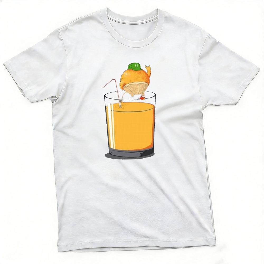 Funny Orange Fruit Drinking Orange Juice Cartoon Art Graphic T Shirt Unisex Casual Daily Wear Summer Short Sleeve Tee Tops