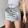 Женская юбка с высокой талией, искусственная кожа, пуговицы, молния, мягкие ультра короткие глянцевые карманы, облегающая мини-юбка для клубной вечеринки