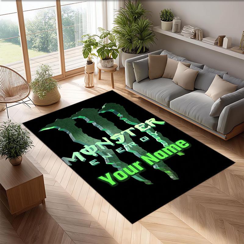 Monster Energy Crystal Velvet Rug, Custom Name Text Personalized Non‑Slip Floor Mat for Home Decor Gift