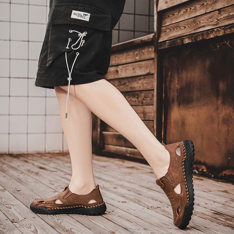 Мужские кожаные сандалии без застежек, прочные сшитые вручную туфли с закрытым носком, нескользящие туфли для использования в помещении, на открытом воздухе, на пляже