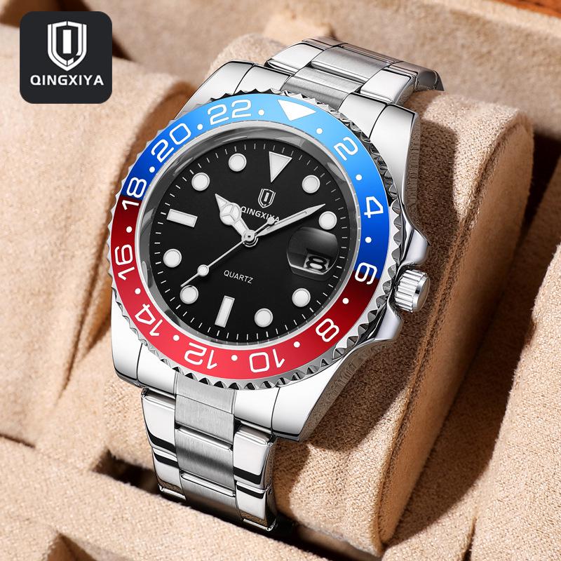 Qingxiya Colorful Sea Ghost Men's Stainless Steel Luminous Quartz Watch with Calendar and Waterproof Features