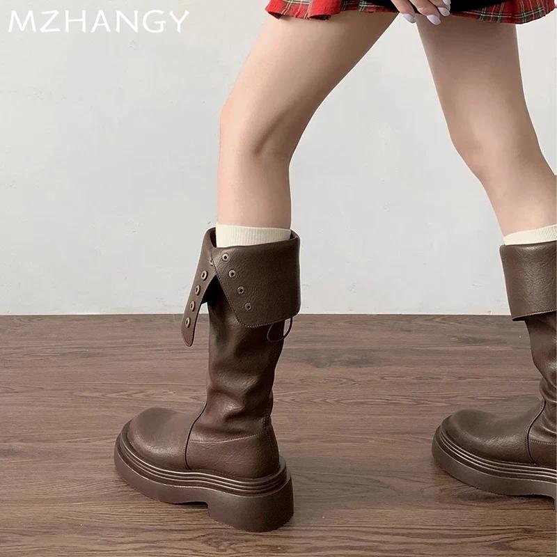 Модные женские высокие сапоги на платформе, кожаные туфли, зимняя мода, высокие сапоги до колена, женские зимние сапоги 2024 года, платье, женские сапоги Челси, ботинки