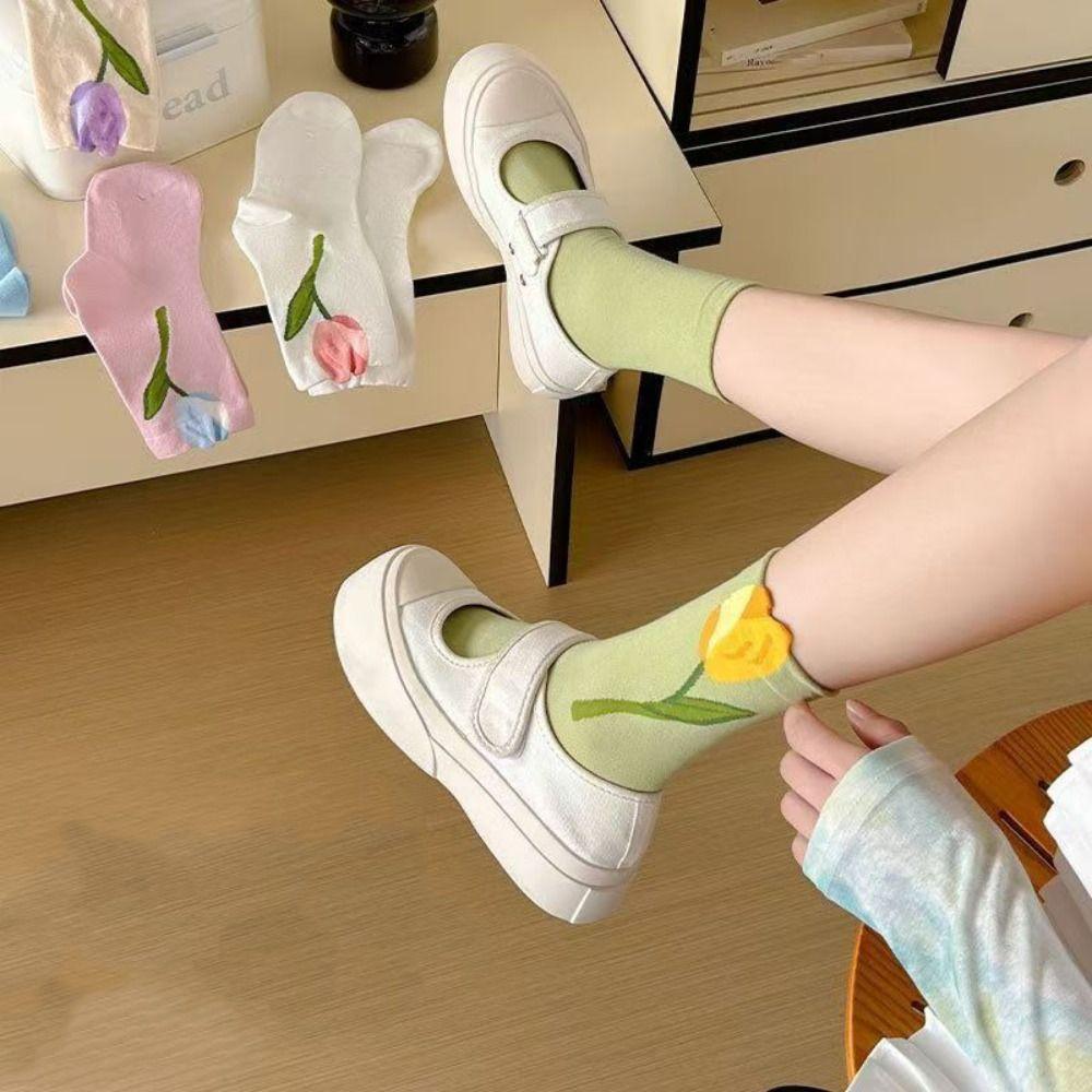 5Pairs Breathable Mid Tube Socks Thin Socks for Women Cute Tulip Flower Socks  Lady