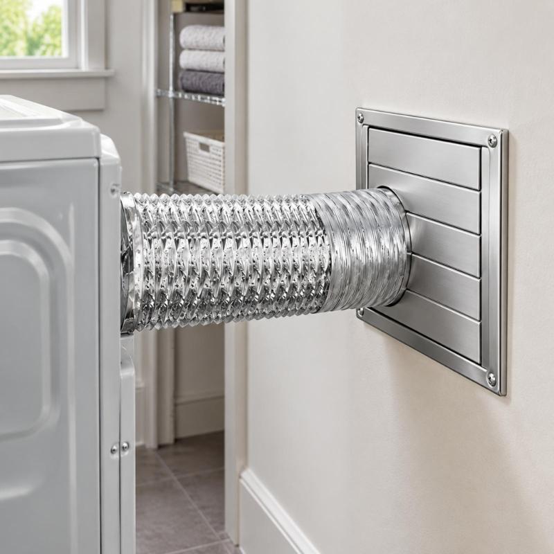 Dryer Exhaust Wall Outlet Package with Exterior Cover, Flexible Duct, Clamps, and Sealing Accessories for Air Routing