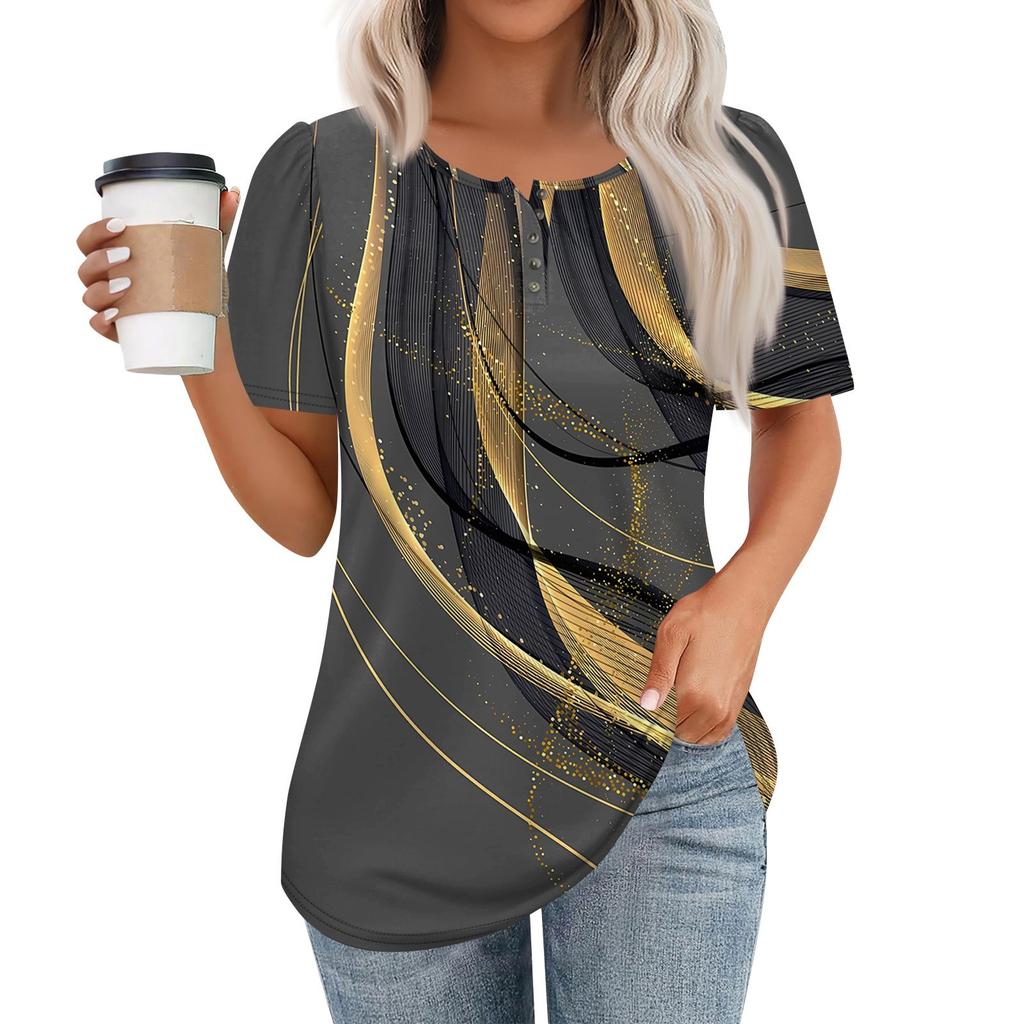 Women's Fashionable Casual Short Sleeve Button Print Round Neck Pullover Top