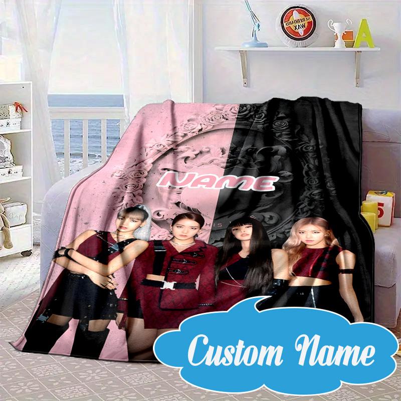 Custom Name Floral Fashion Kpop BP Blanket bed sofa Blanket Flannel Blanket for Camping, Hiking, Picnic Essentials,gift for Fan family