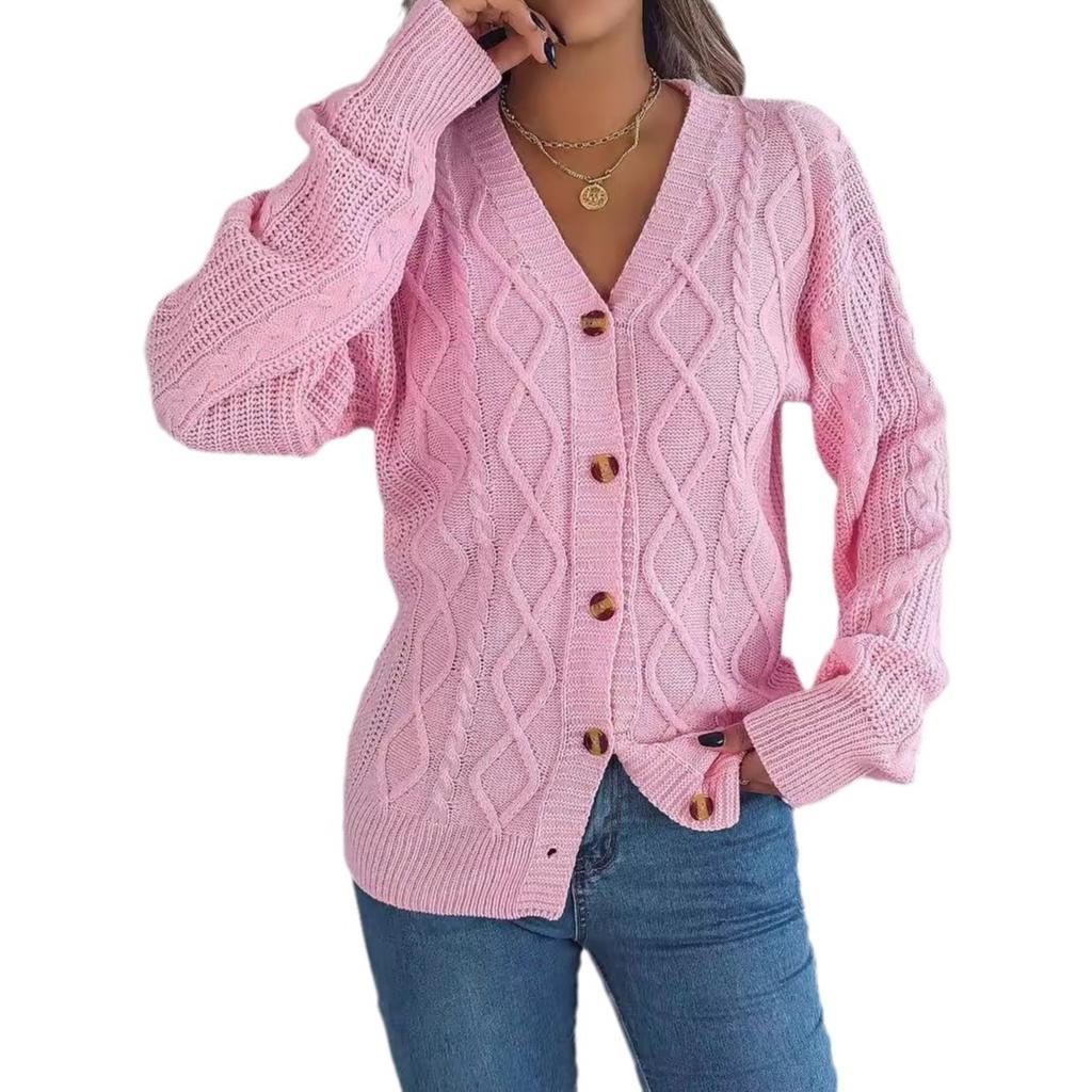 Autumn and Winter Women's Casual V-neck Lantern Sleeve Twist Button Knit Cardigan Sweater Jacket