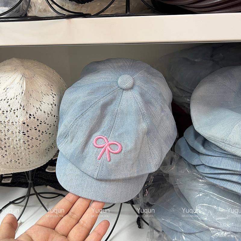 Girl bow three-dimensional embroidery beret female versatile cowboy cap big head circumference showing face small newsboy hat