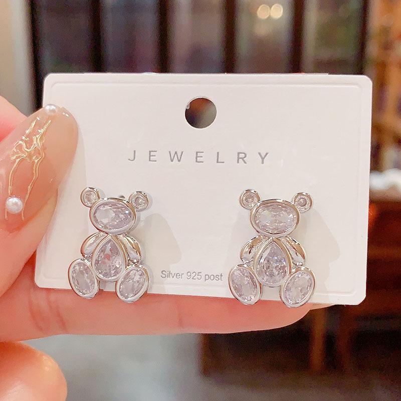 Chic Korean Zircon Teddy Bear Stud Earrings for Women - Fashionable, Trendy, Influencer Style with Silver Needle.