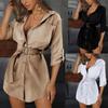 European & American Style Solid Color Puff Sleeve V-Neck Women's Summer Shirt