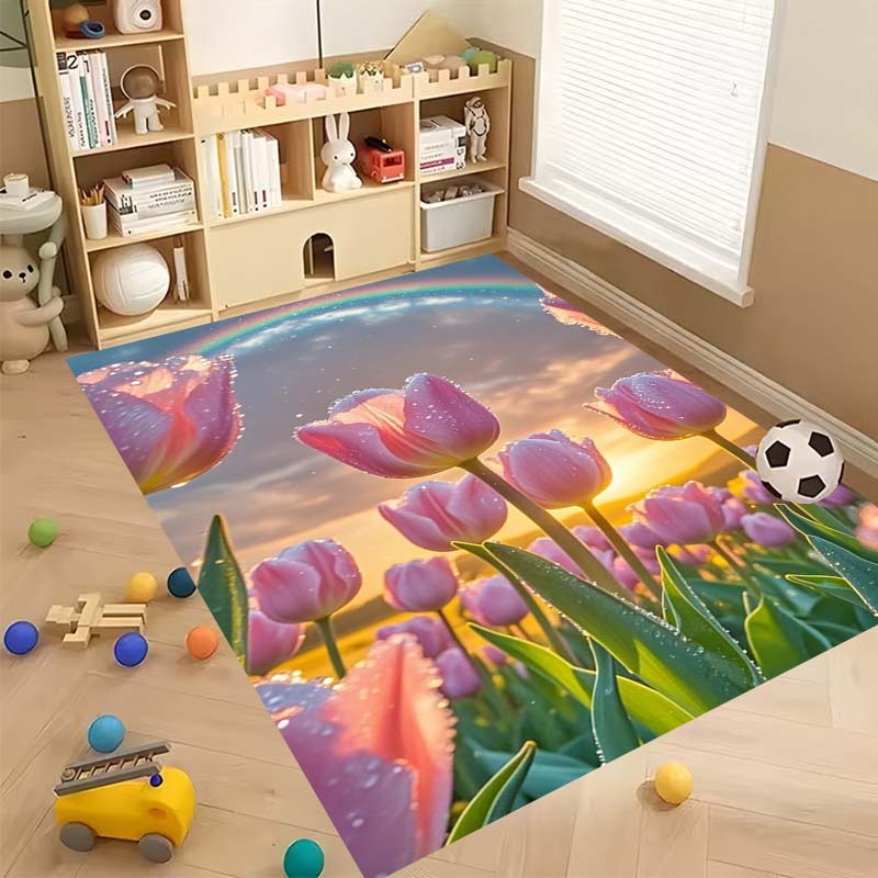 Luxurious vintage tulip floral pattern floor mat, non-slip, machine washable, suitable for living rooms, bedrooms, and home déco